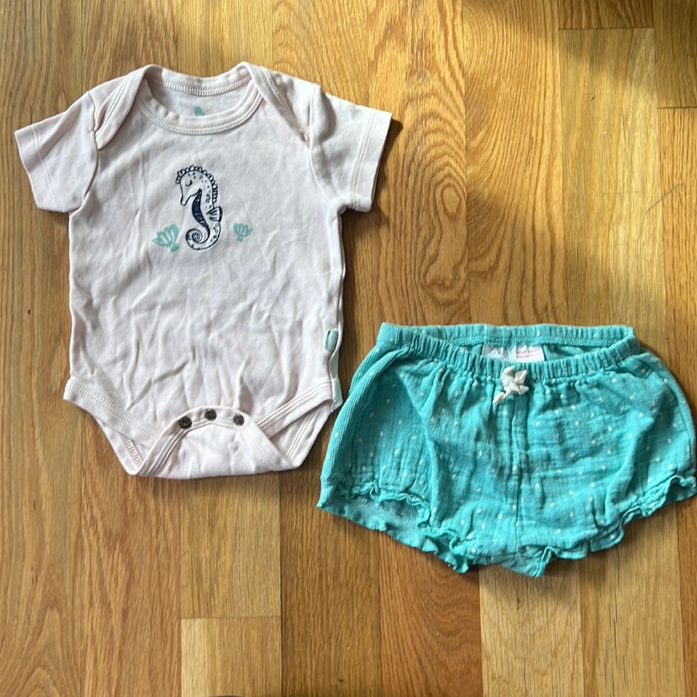 Finn + Emma 6-9 month seahorse onesie and Zara polka dot shorts